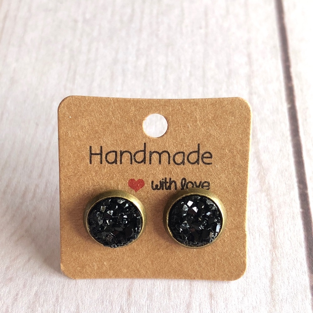 Chunky Black Druzy Bronze Stud Earrings! - Picture 5 of 16